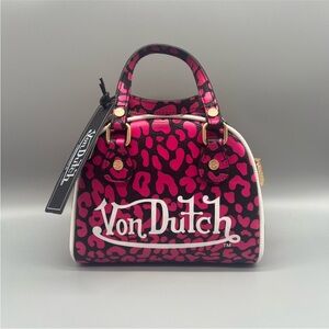 “VON DUTCH” DESIGNER BLACK HOT PINK LEOPARD PRINT BOWLING BAG PURSE